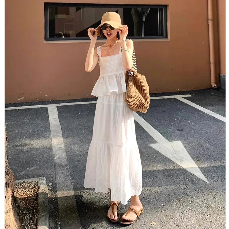 休闲简约白色套装裙女夏季气质显瘦减龄百搭吊带上衣半身裙两件套