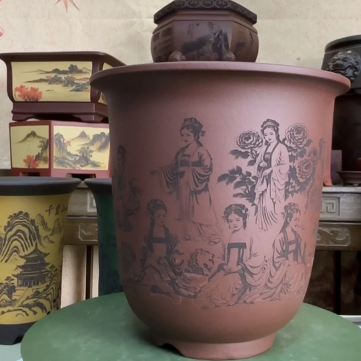 花盆紫砂刻绘十二钗