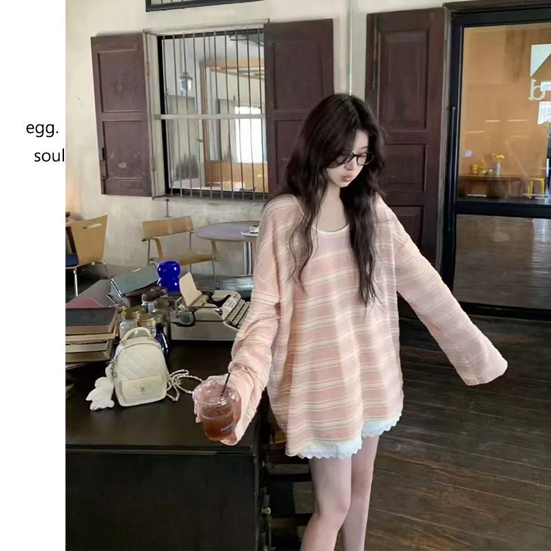 春日单行线 韩系百搭慵懒休闲条纹撞色立体感长袖中长款打底衫ins
