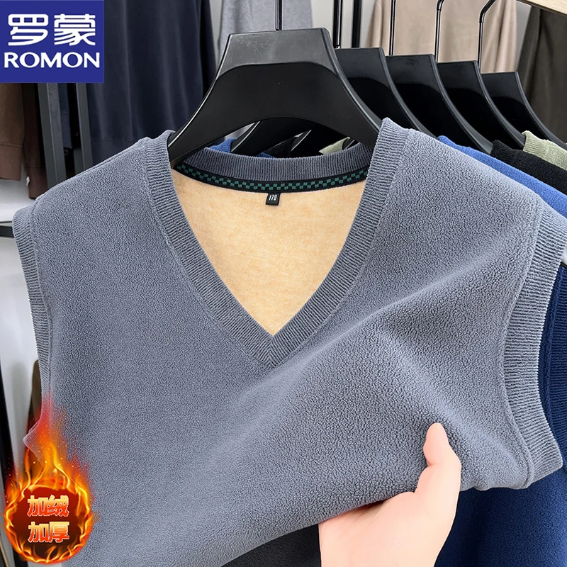 罗蒙加绒保暖冬季马甲V领无袖纯色百搭一体绒蓄热内搭上衣背心男