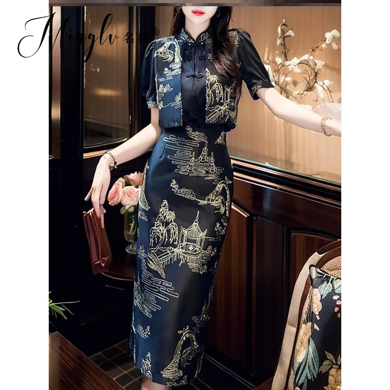 夏季高级感成熟御姐黑色套装裙新中式国风金线刺绣改良旗袍连衣裙