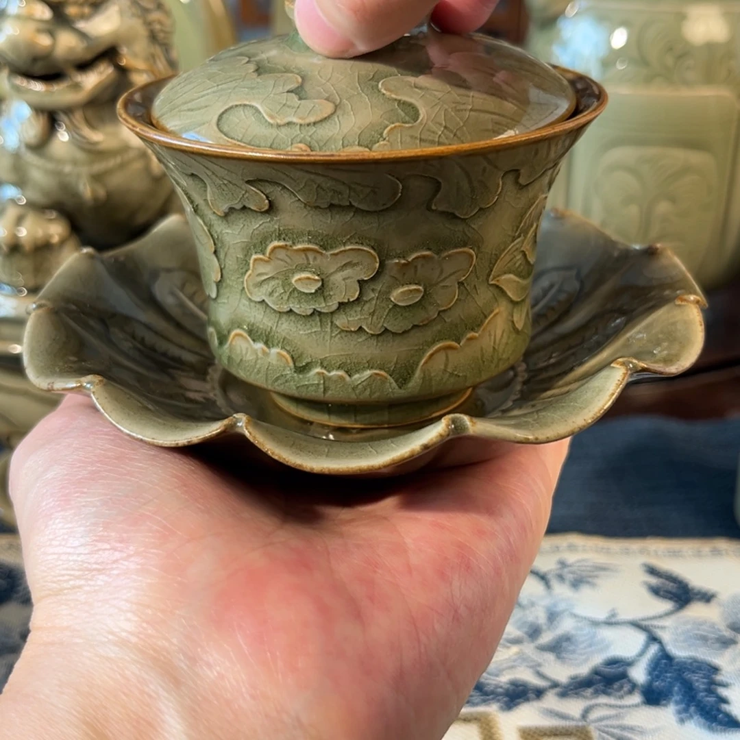 奥***儿陶仿古煤烧盖碗加荷花碟哈哈哈哈哈哈