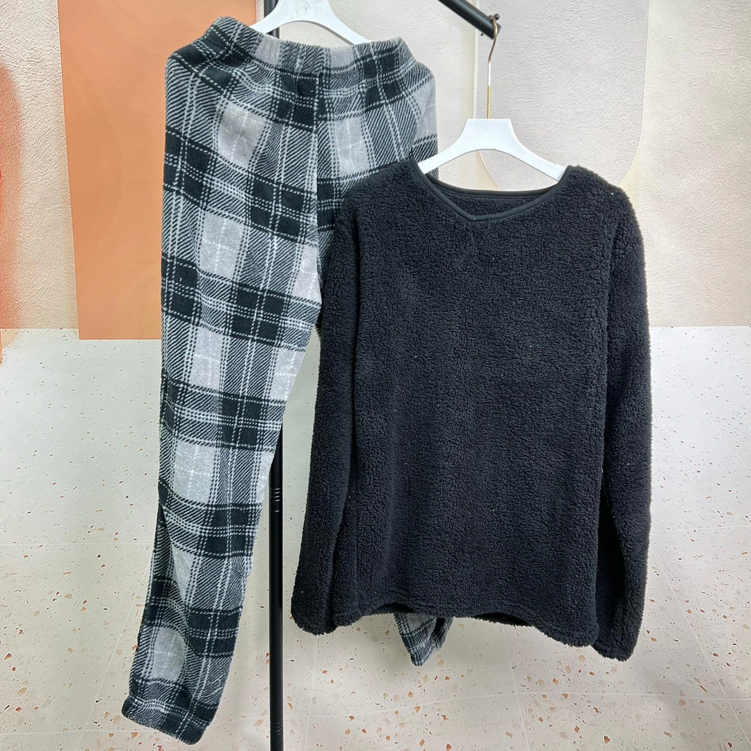 H5056捷拉服饰2025春季松紧腰格纹长裤纯色珊瑚绒上衣家居服套装