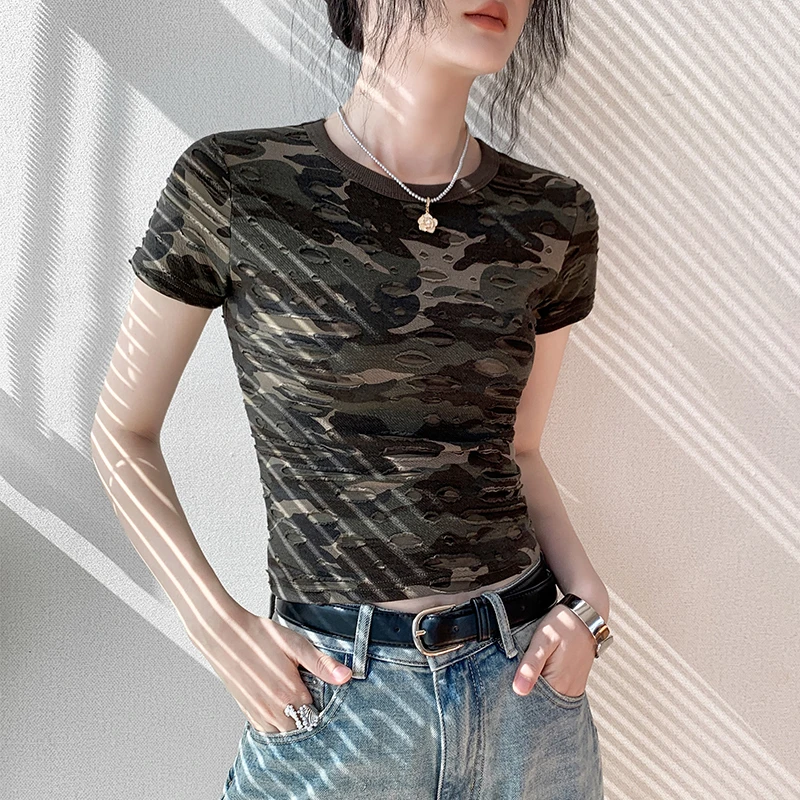 歌倍尚圆领短袖t恤女2025夏新款显瘦穿搭迷彩风修身百搭正肩上衣
