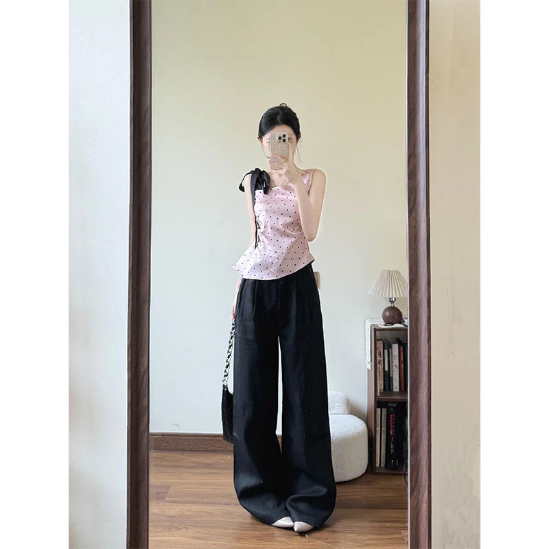 2025夏新款纯欲波点绑带蝴蝶结斜肩吊带背心无袖上衣休闲长裤套装