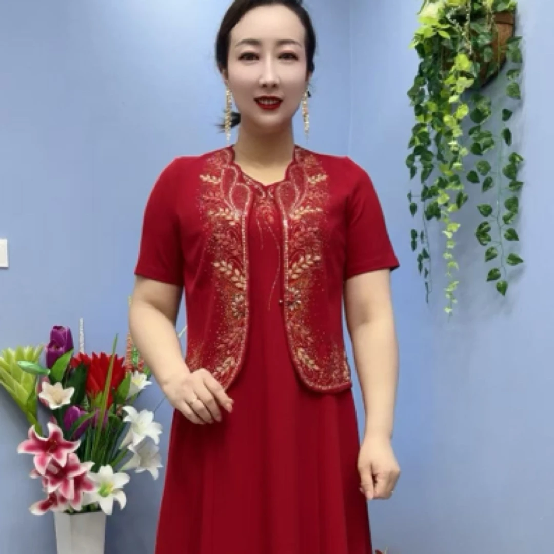 6216款气质重工烫钻时尚女士夏季休闲外衣裙子套装妈妈装连衣裙