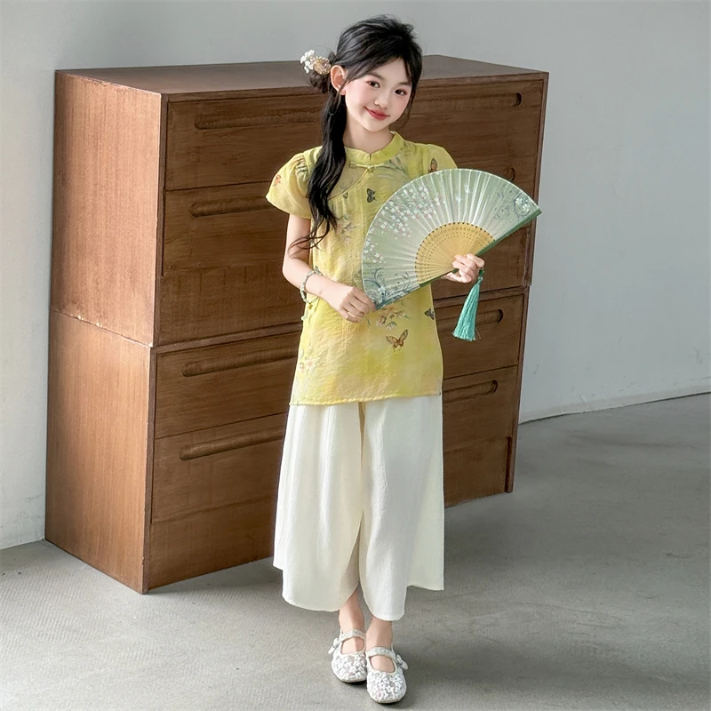 【嘻嘻柚】女童国风汉服套装夏季新款新中式盘扣旗袍上衣宽松阔腿裤