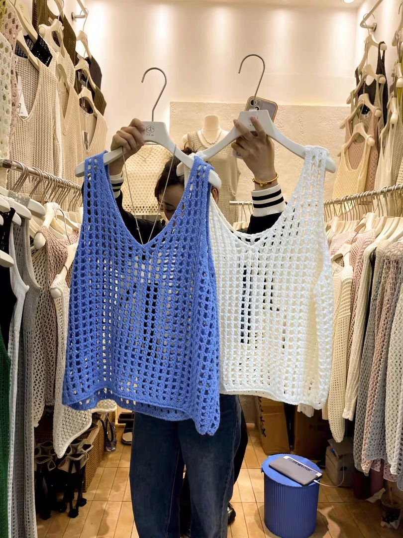 十三夏装新款韩系镂空针织罩衫吊带背心女别致休闲简约打底上衣