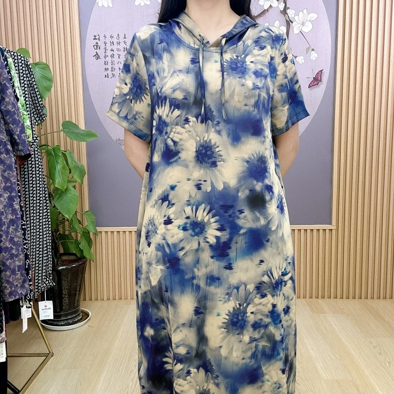 杭州连衣裙女春夏季中式印花收腰时尚中长款气质短袖301