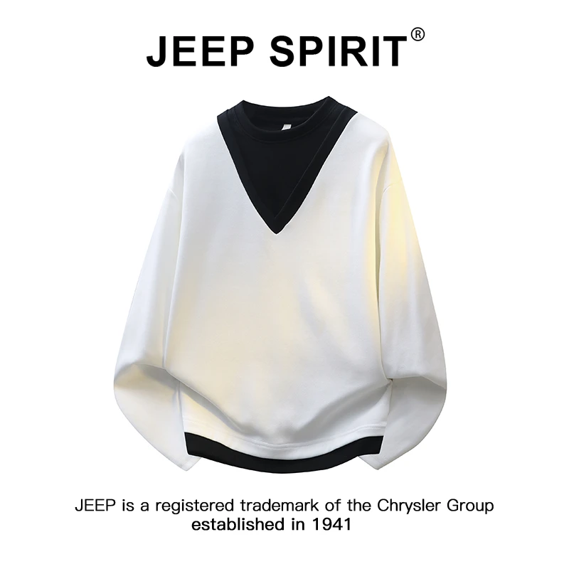 JEEPSPIRIT吉普假两件长袖T恤男士春秋款潮流宽松百搭圆领打底衫
