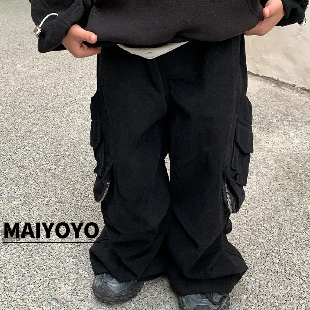 麦哟哟儿童冬季加绒工装牛仔裤宽松潮流百搭直筒韩版港风垂感高街