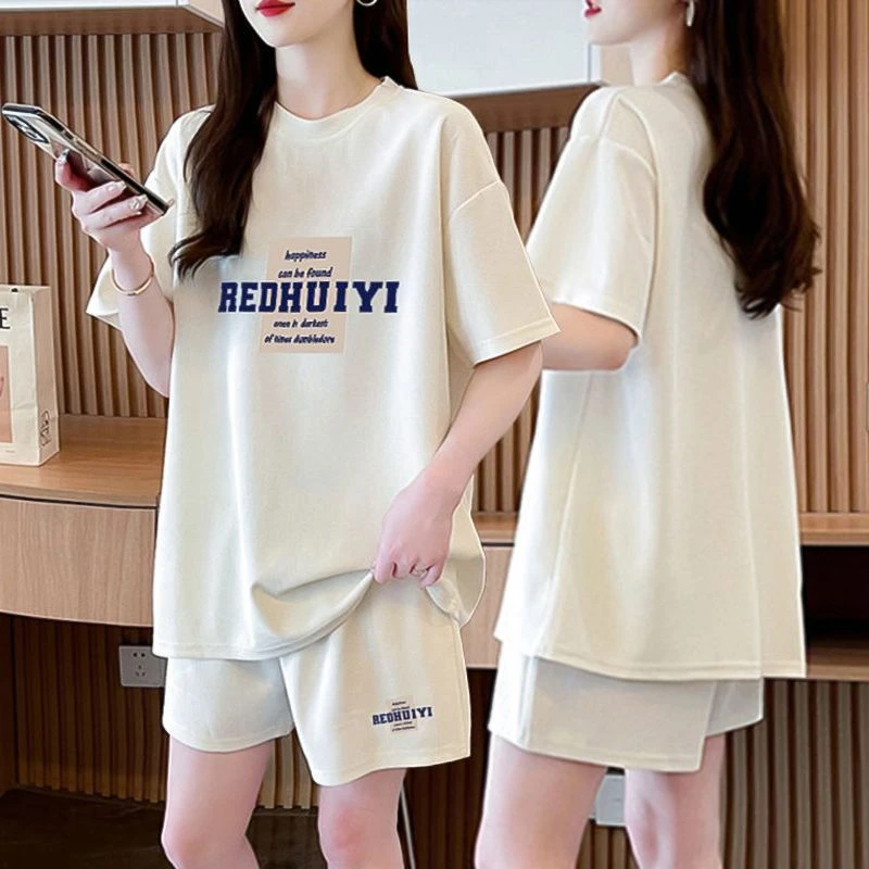 胖mm大码纯棉休闲运动套装女2025夏季新款短袖短裤网红时尚两件套