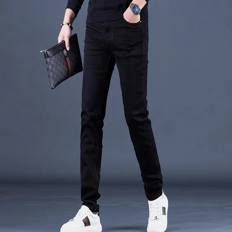 One What秋季款高端男士牛仔裤修身显瘦小脚潮流弹力休闲黑色长裤