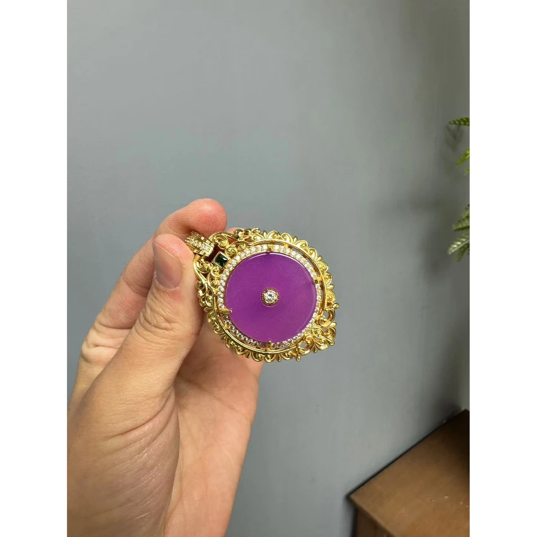 翡翠紫翡14k设计款四爪圆牌吊坠