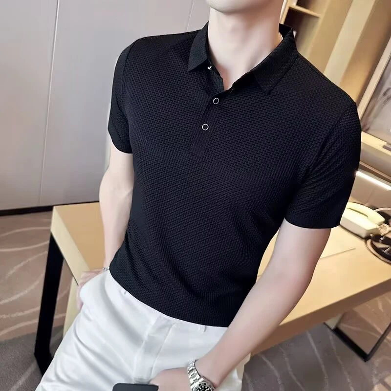 优桓夏季男士薄款冰丝短袖Polo衫高端无痕透气T恤简约华夫格体恤