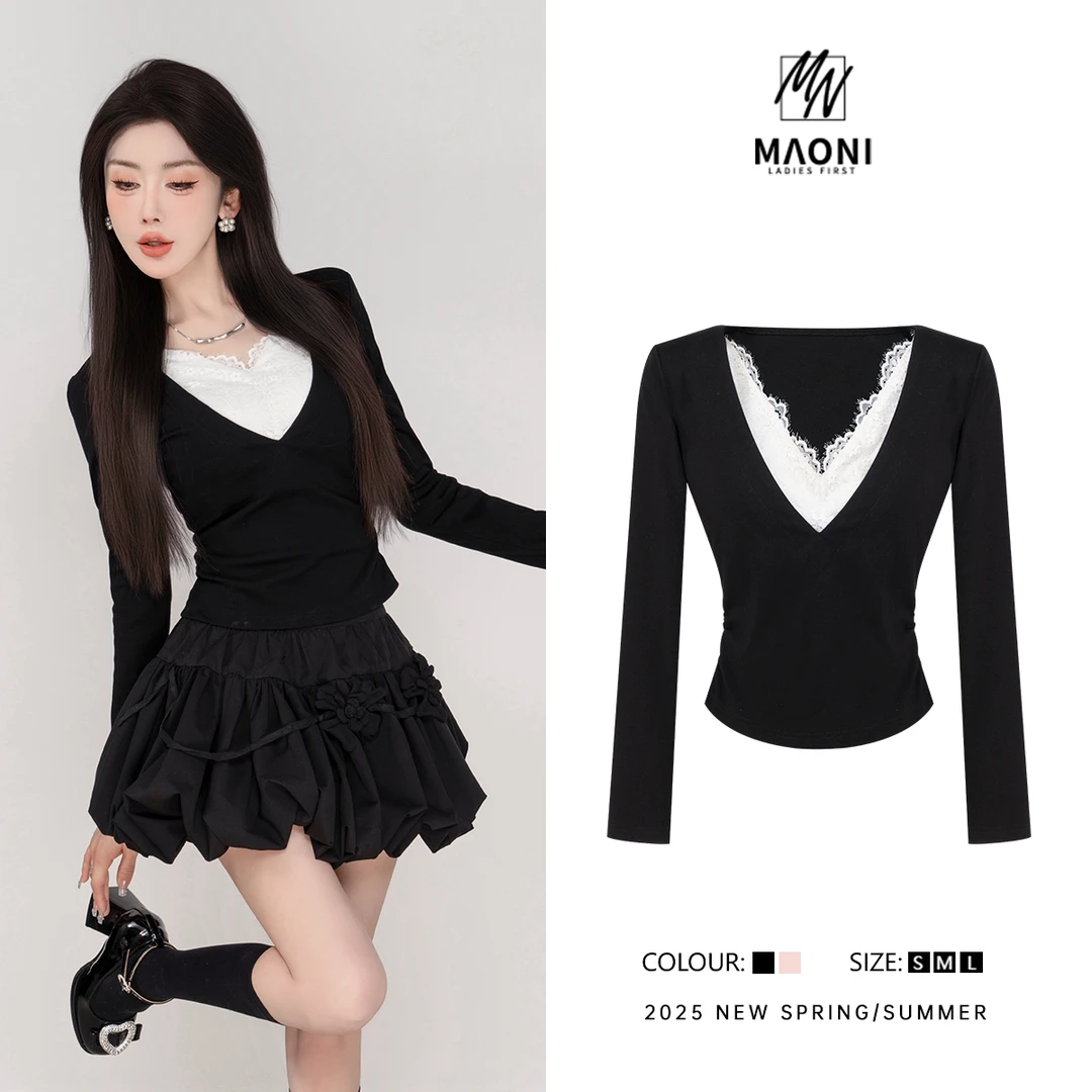 毛妮Peshe【蕾丝拼接T恤】V领修身假两件显瘦纯欲上衣2025春L1215
