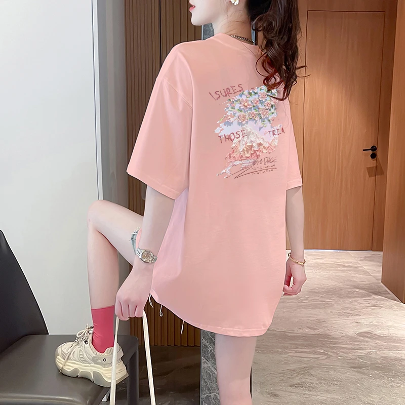 短袖T恤女2025新款爆款夏季粉色宽松纯棉遮臀上衣ins韩版品质女装
