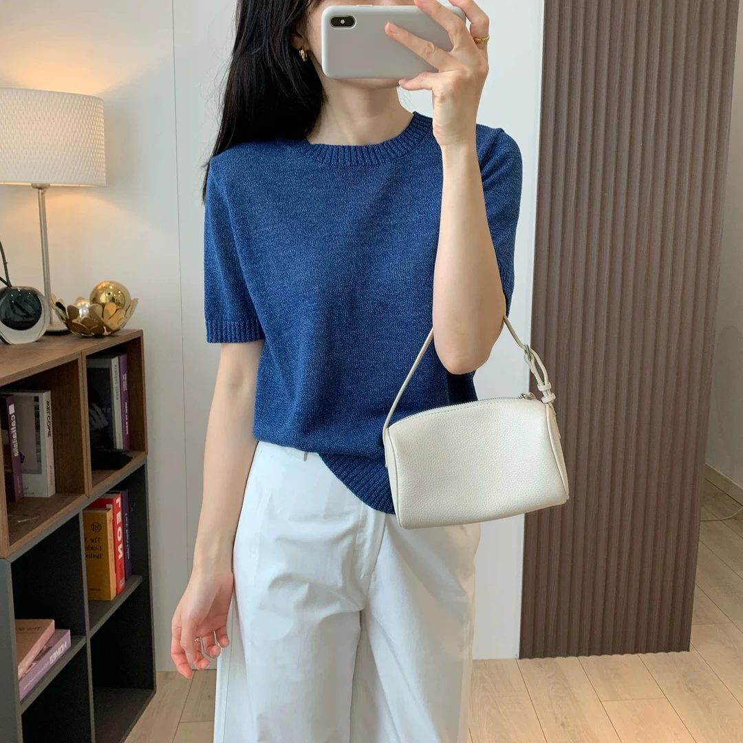 3297【普鲁士蓝圆领中袖针织衫】百搭高货女士夏季薄款气质上衣