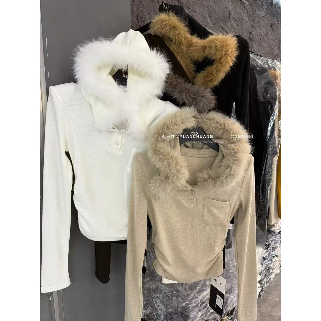 双11辣妹连帽毛领长袖T恤女2025秋冬新款韩版磨毛修身纯欲上衣