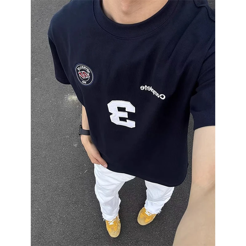 美式复古球衣风t恤男夏季高街字母刺绣短袖cleanfit情侣运动半袖