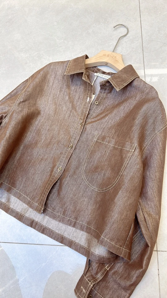 女常规单排扣翻领衬衫袖短外套秋款春韩版百搭牛仔上衣