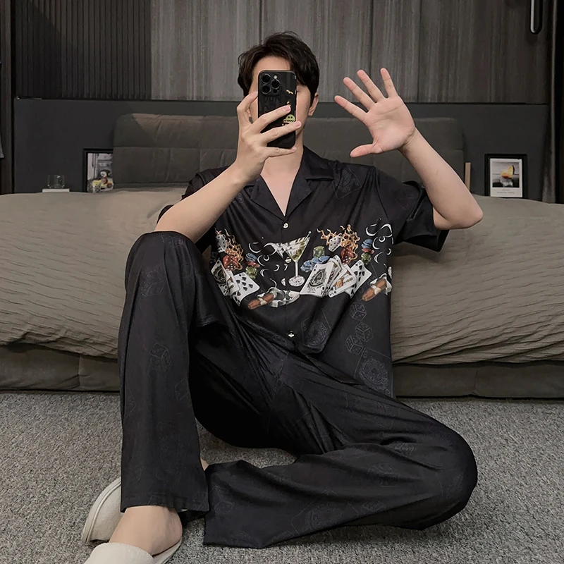 高级感卡牌网红男士睡衣春夏季薄款冰雪丝短袖长裤夏款家居服套装