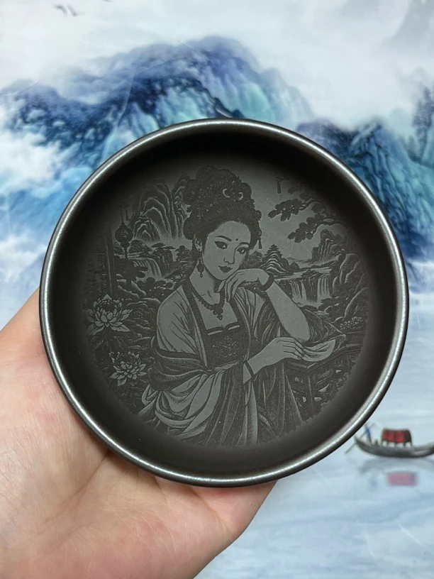 原矿紫砂雕刻仕女图玄铁石黄天青普洱主人杯紫砂杯茶杯陶瓷