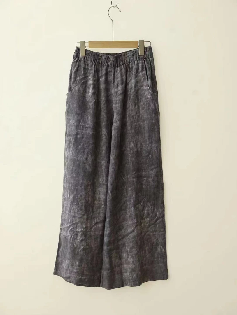 山木间扎染亚麻阔腿直筒裤LY9955