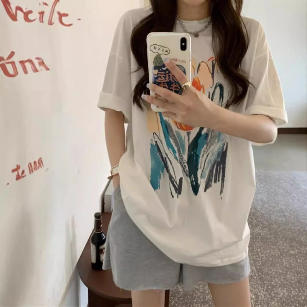 感灰色大版宽松中长款短袖t恤女夏季半袖上衣服郁金香体恤衫