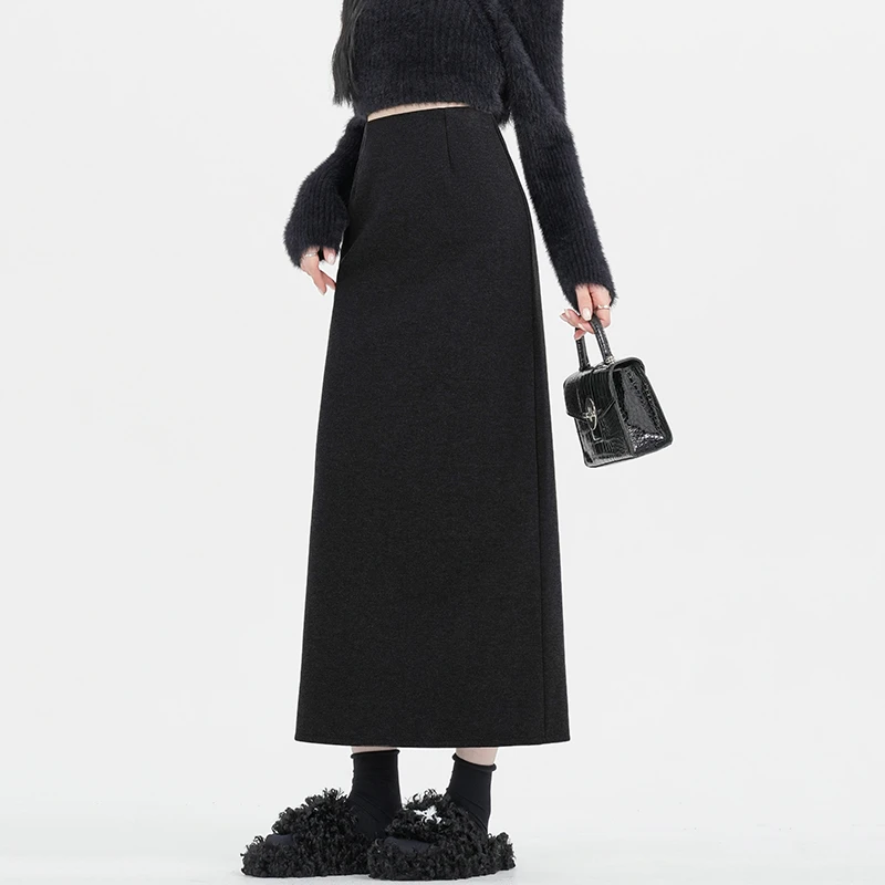 黑色毛呢a字半身裙女秋冬季新款高腰直筒包臀裙子气质长裙