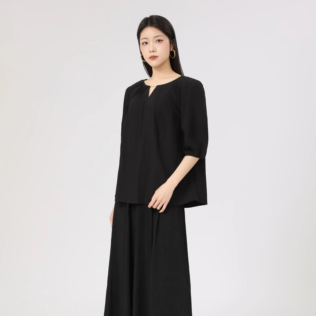 GIRDEAR/哥弟真的好 新款气质抽褶上衣设计款百搭V领T恤女830001