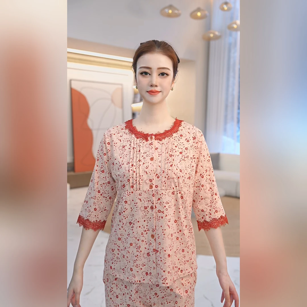 秋鹿【针织纯棉】睡衣女款春秋圆领九分袖长裤女套秋季绵柔软家居服