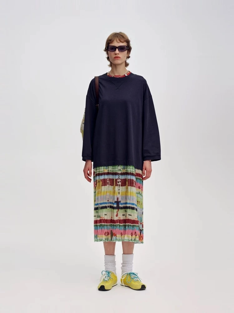 SHORT印花假两件长袖连衣裙