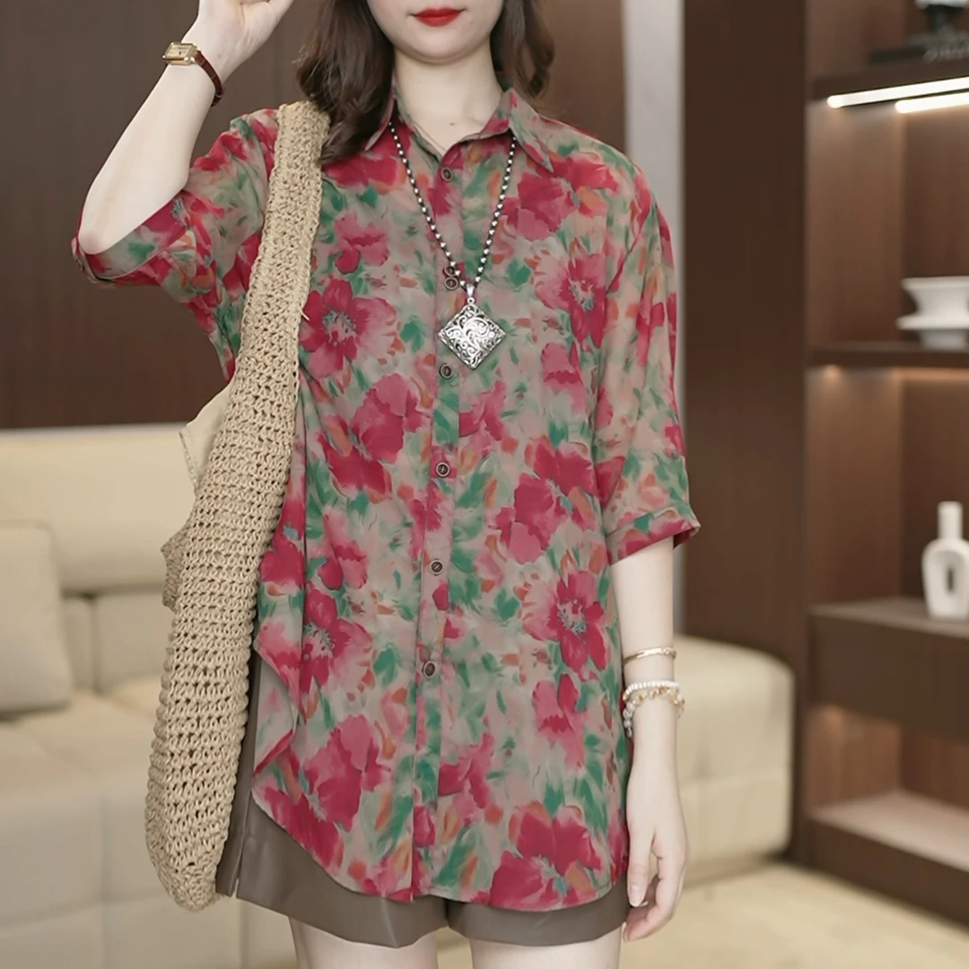 【红色仙客】复古宽松百搭民族风皱褶碎花短袖衬衫女防晒衣3096