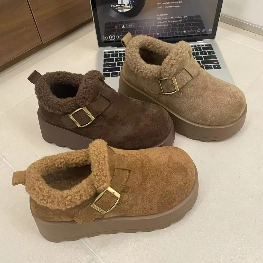 小敏家 5.5CM！厚底一脚蹬毛毛勃肯雪地靴 冬季保暖时尚毛圈棉鞋