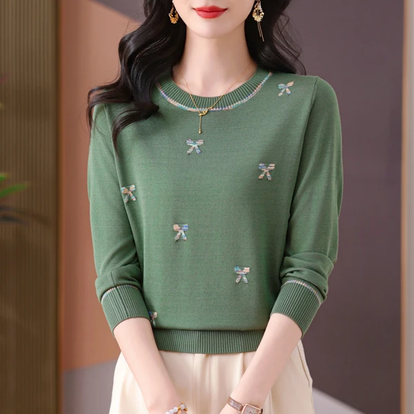 【欧若风】洋气春秋款高贵圆领毛衣女宽松妈妈装薄款上衣长袖针织衫