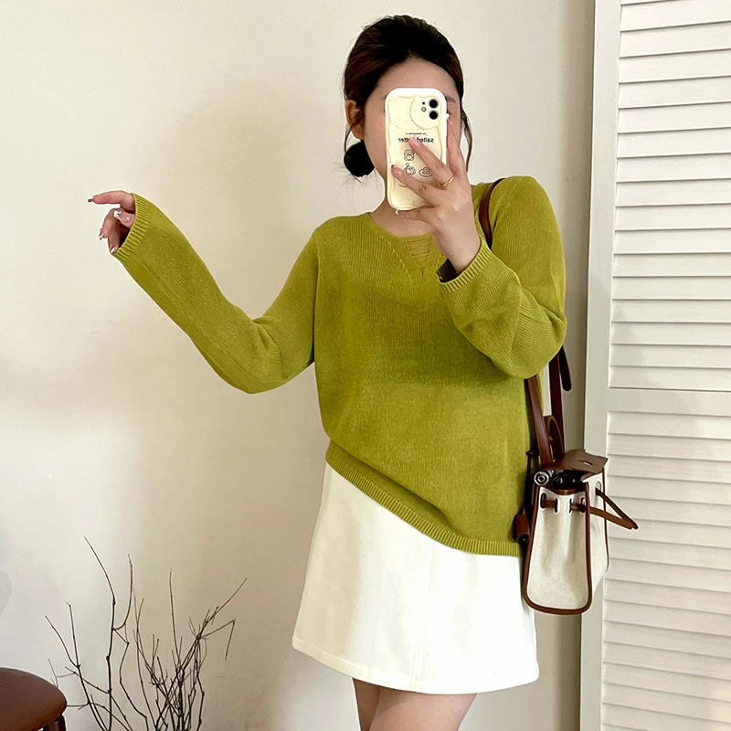 大码女装休闲百搭上衣女套头衫2025秋款胖mm宽松长袖针织衫