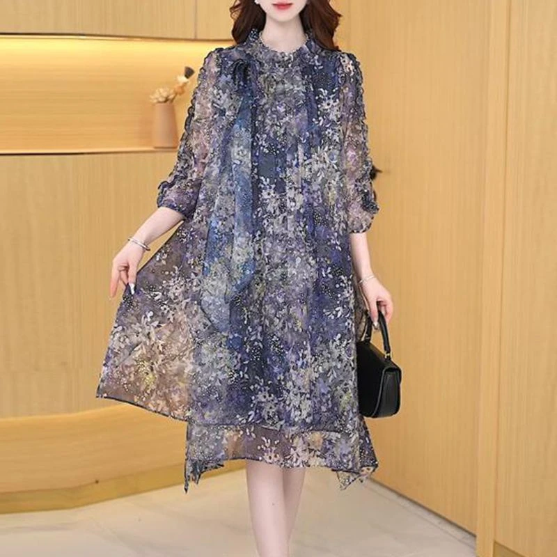 法式优雅七分袖连衣裙女春夏2025新款妈妈贵气质宽松显瘦薄款裙子