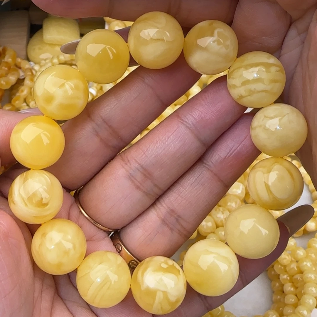 蜜蜡未镶嵌手串妖白花圆珠手串