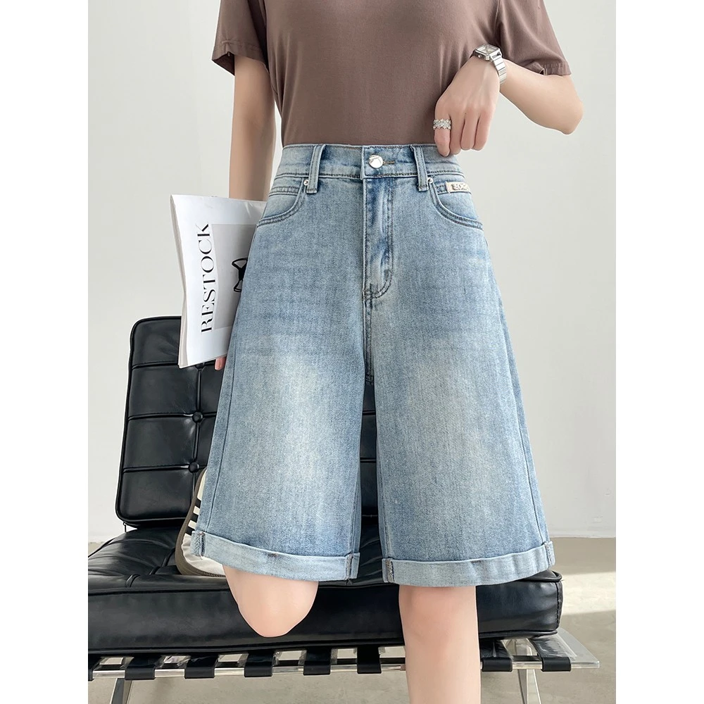 水洗蓝色五分牛仔短裤女夏季薄款高腰直筒胖MM大码阔腿卷边中裤子