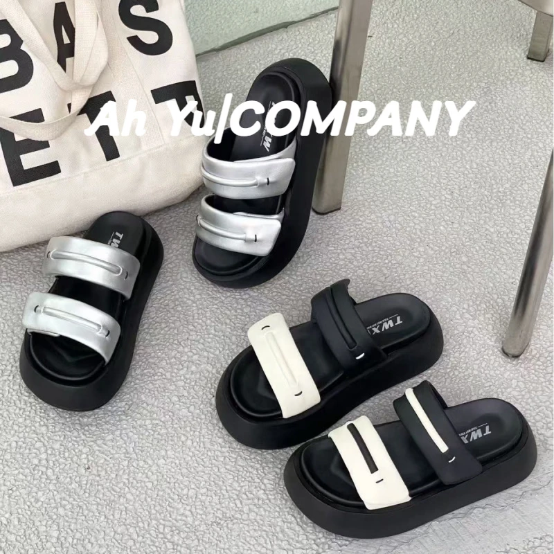真皮松糕一字凉拖鞋女夏季外穿2025年新款厚底拼色魔术贴增高拖鞋