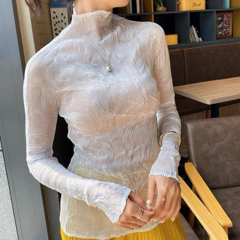 高端褶皱基础百搭丝薄透视弹力打底衫