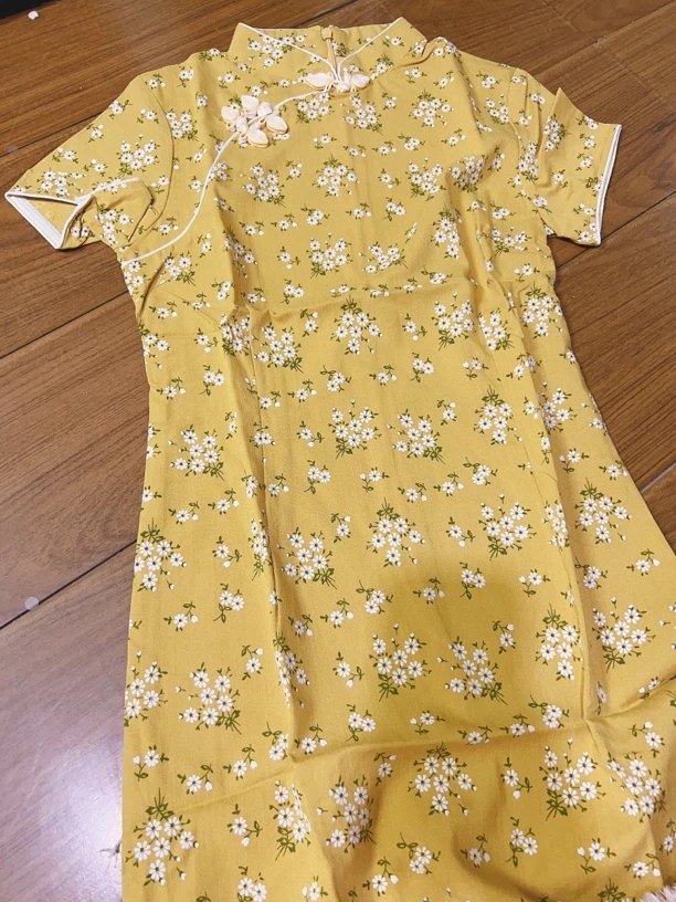 V-2527 黄花 绵 夏款年轻款改良旗袍95cm短款