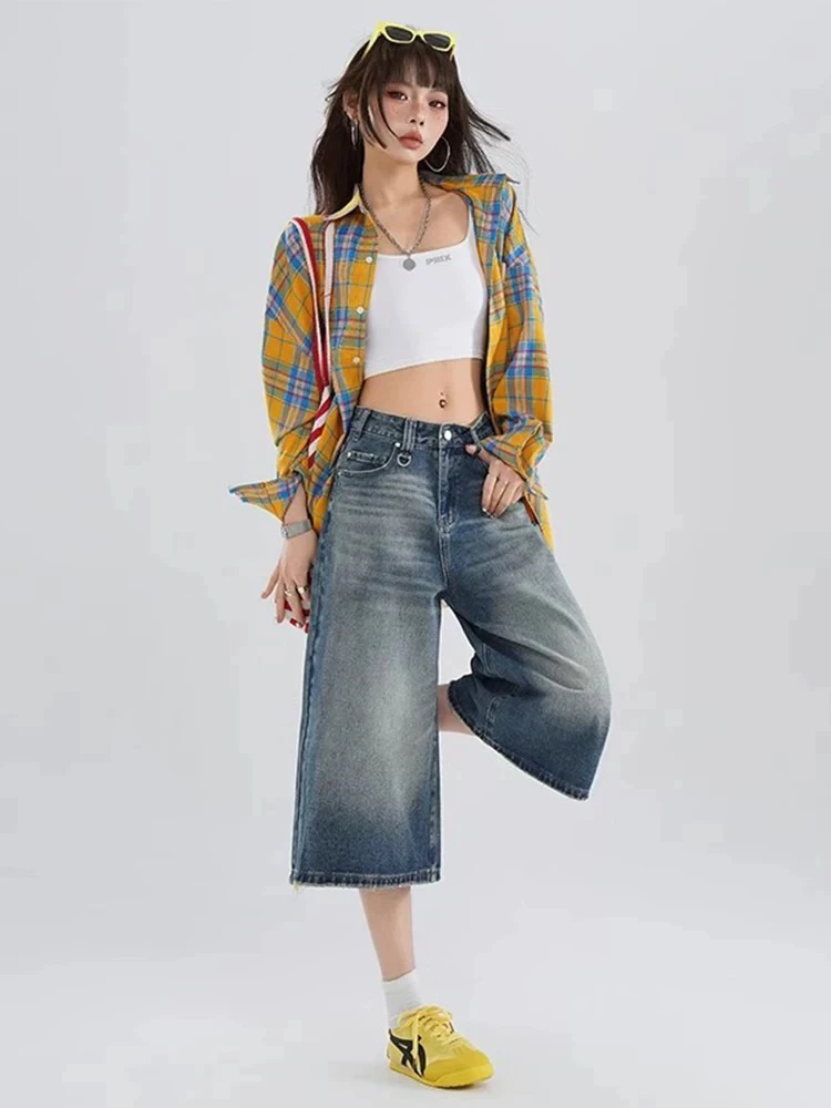 【有瑕疵 刺绣等 介意勿拍】猫须纹水洗牛仔七分裤