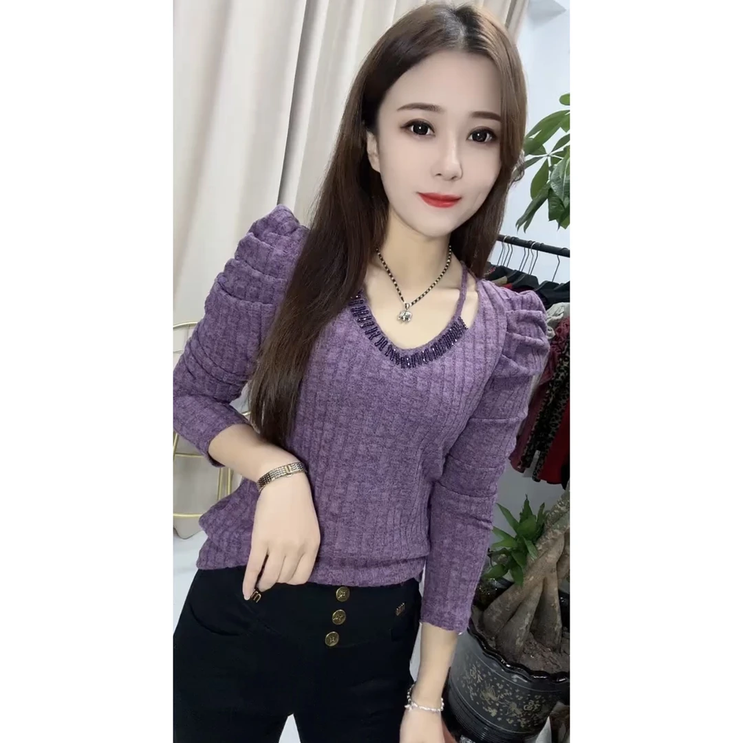 欧货针织衫女2025秋冬新款时尚气质V领串珠减龄显瘦泡泡袖打底衫