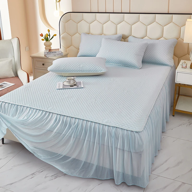 冰丝凉感丝冰豆豆床裙款软凉席三件套夏季款可机洗可水洗不跑床