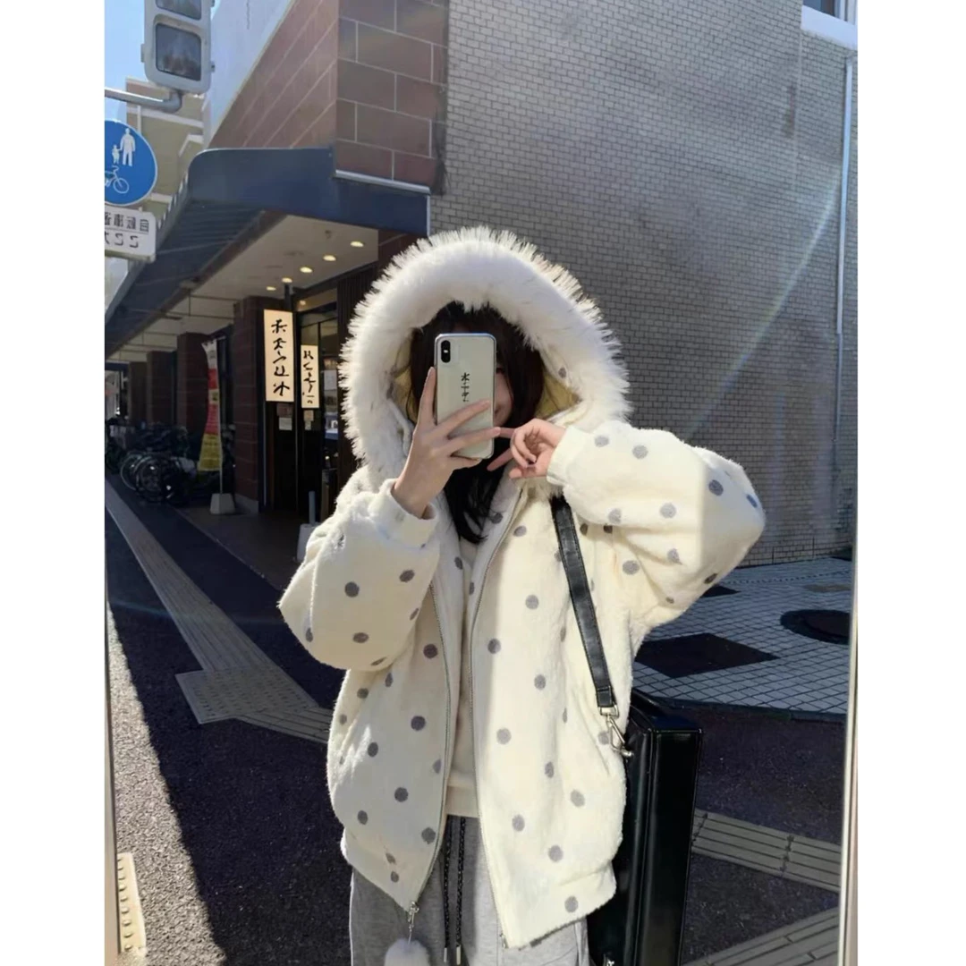 （晚安兔子）波点冬季通勤夹棉加厚可拆卸毛领毛呢卫衣外套女