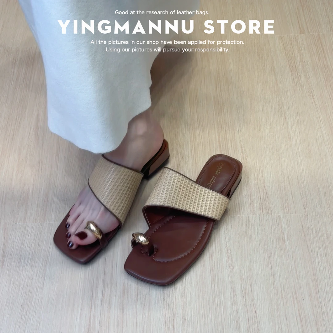 2025夏季新款海边度假风金属气质方头草编织套趾凉拖鞋女外穿沙滩