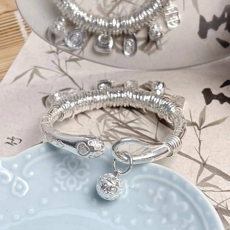 足银999新款女吉言猫爪盘缠手镯带吊坠实心情人节送女友