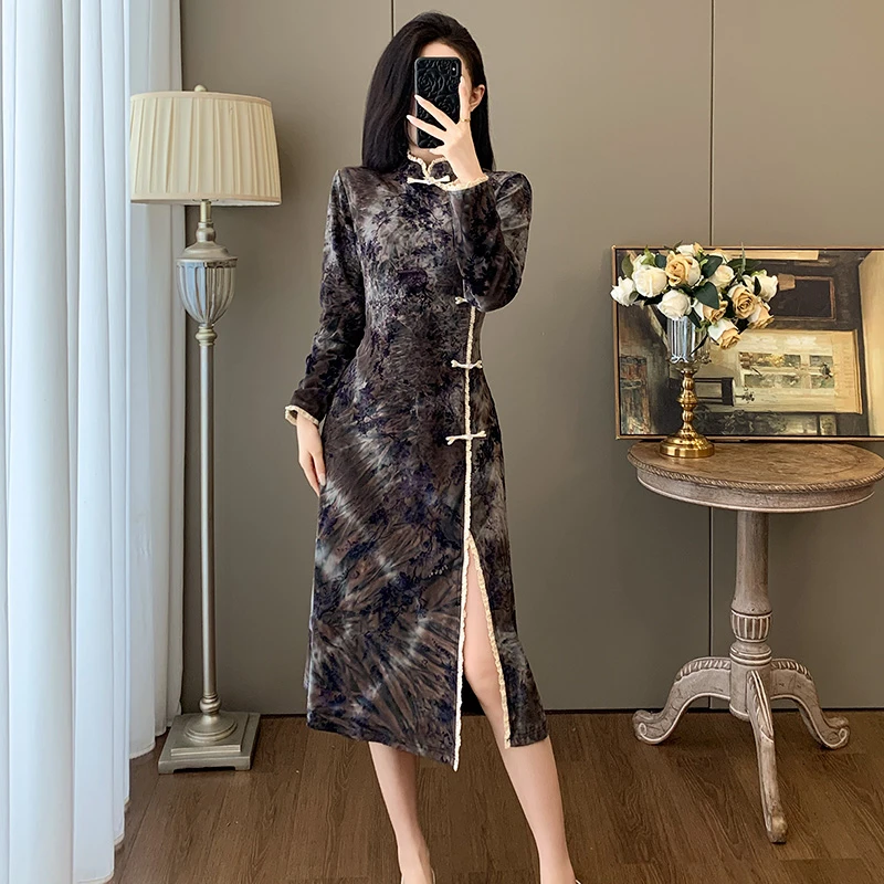 绝美新中式连衣裙女秋装气质高级感轻奢气场强大开叉旗袍改良裙子